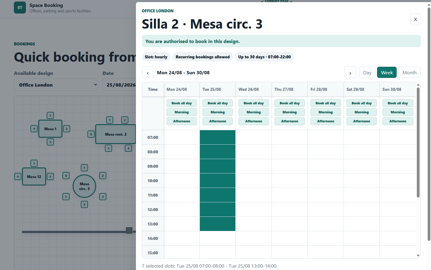 Slotenda weekly booking calendar with a visual office floor plan